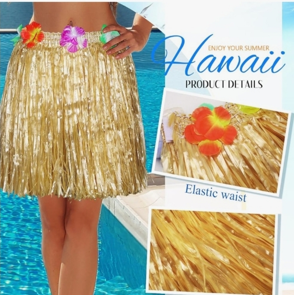 Hawaii Gold Hula Skirt with Floral Accents